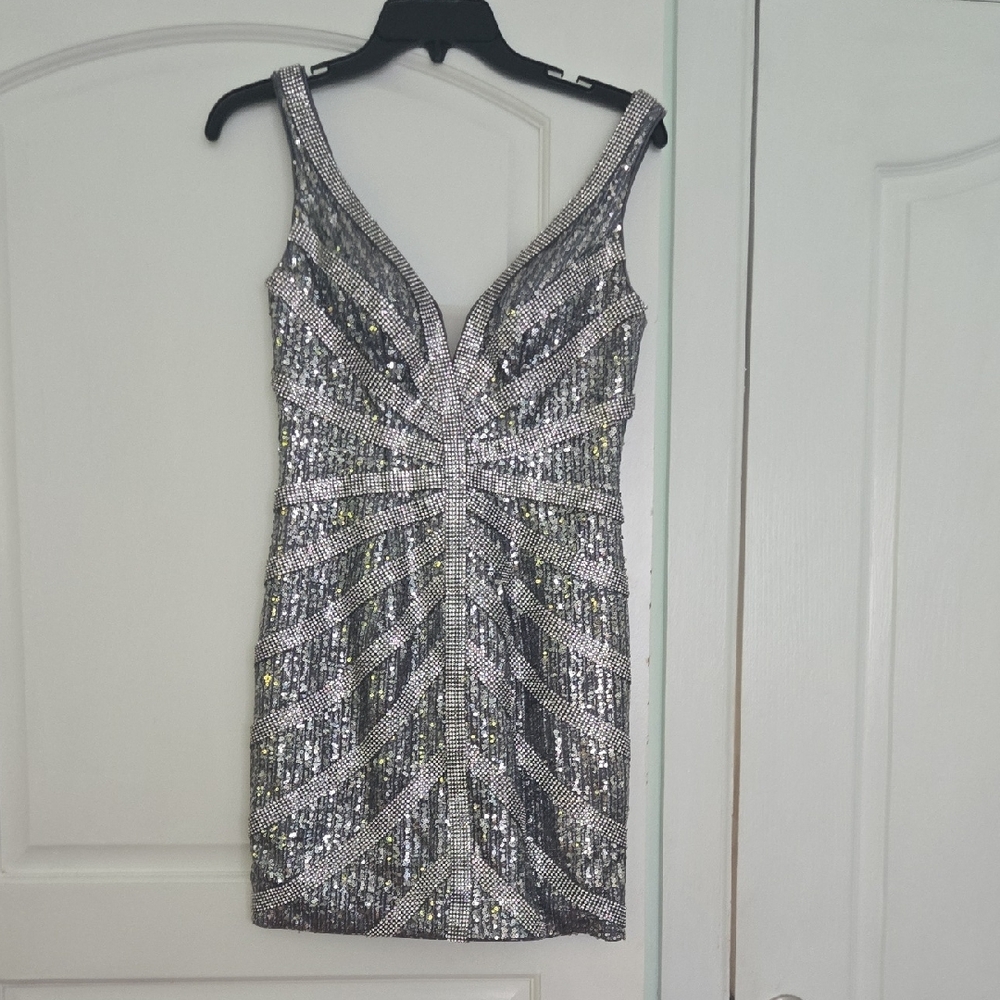 Camille La Vie Silver Black Sequin Bodycon Mini Dress